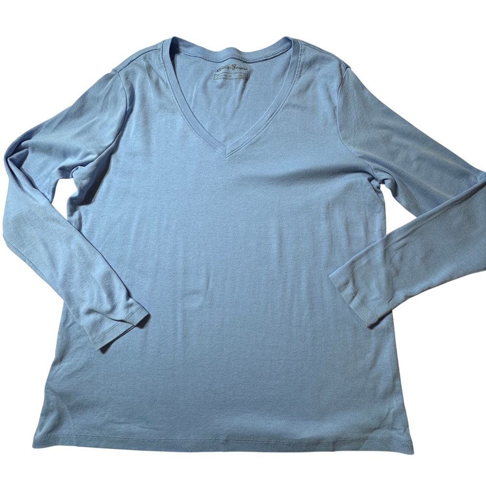 Eddie Bauer V-Neck Top Womens 2XL Light Blue Cotton Long Sleeve Casual Basic